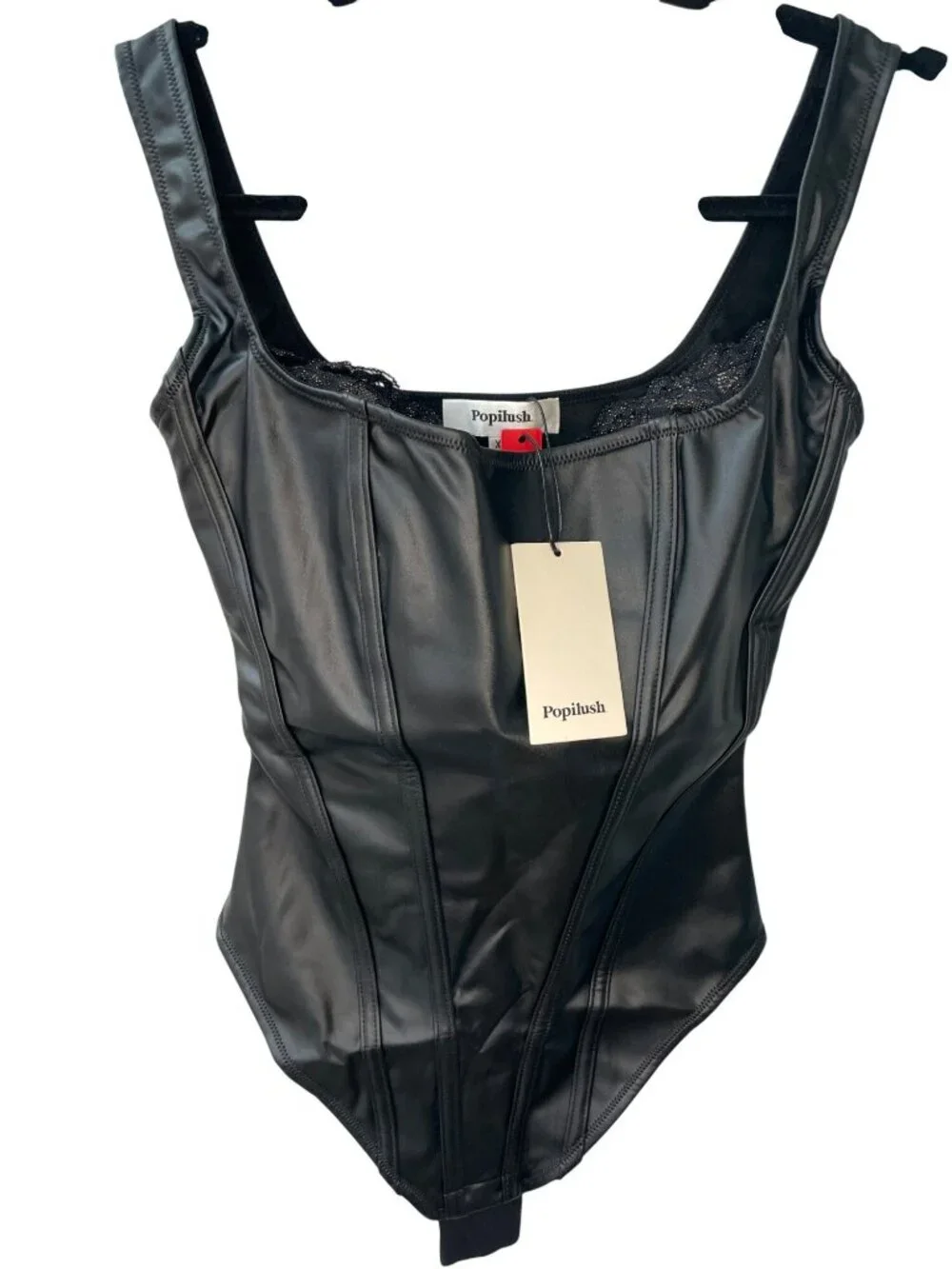 Popilush Shapewear Black Faux-Leather Bodysuit Built-in Bra Side Zip Size XS NWT - Picture 1 of 10